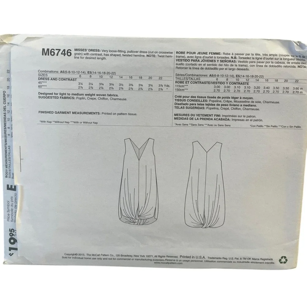 McCALL'S M6746 Misses' Dress Pattern Size A5 6-14‎ Modern Style UNCUT